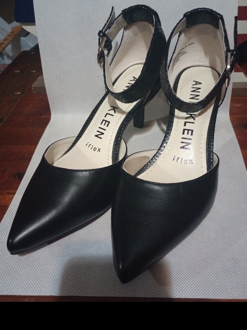 Anne Klein Black Pointed-Toe Ankle Strap Heels